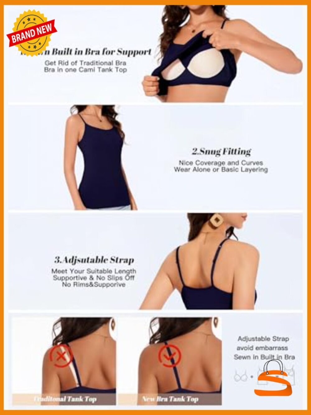 Adjustable Strap Camisole with Built-in Padded Bra Sleeveless Layering Top - Picture 4 of 7